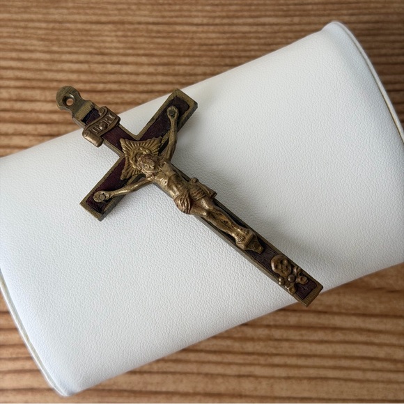 Jewelry - Vintage Pectoral Crucifix Cross Metal With Brass Accents & Wood Inlay Pendant